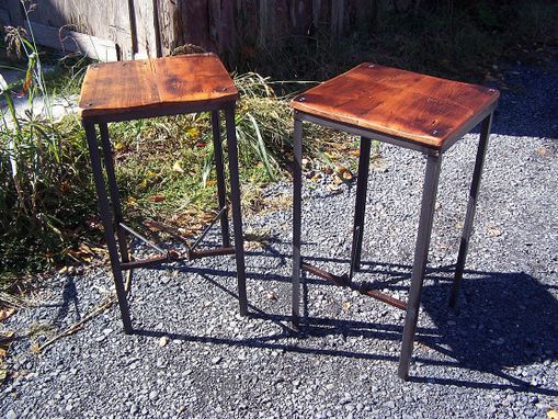 Custom Made Urban Style Reclaimed Wood Bar Stools With Industrial Metal Legs And Railroad Spike Foot Catchers