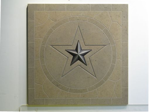 Custom Made Limestone Texas Star Mosaic Etched Tile With Inset Nickle Tone Metal Star