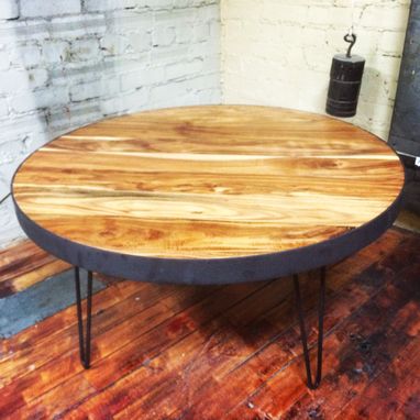 Custom Made Circle Acacia Coffee Table With Steel Band And Hairpin Legs