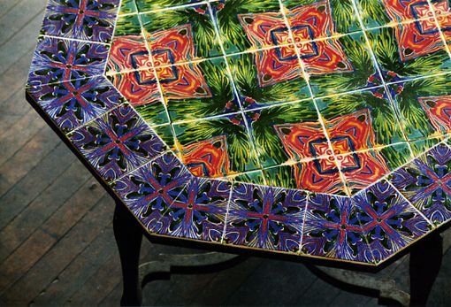 Custom Made Kaleidoscopic Polychomatic Hexagon Table W/ Wood Base