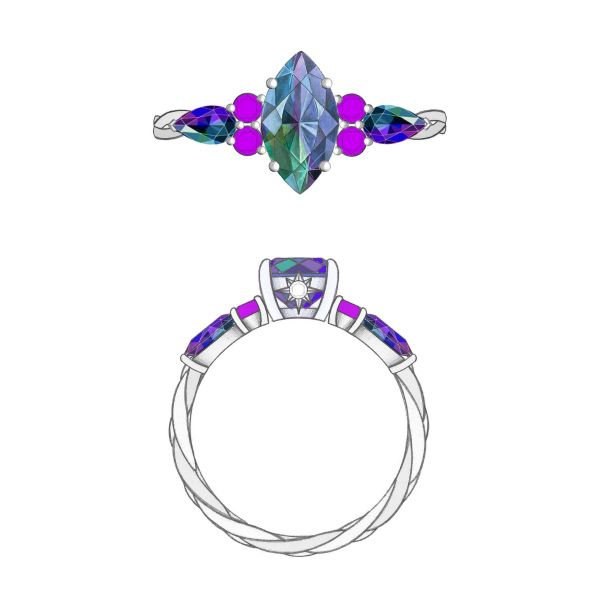 A love of astronomy inspired this alexandrite and purple sapphire engagement ring with a marquise cut center stone.