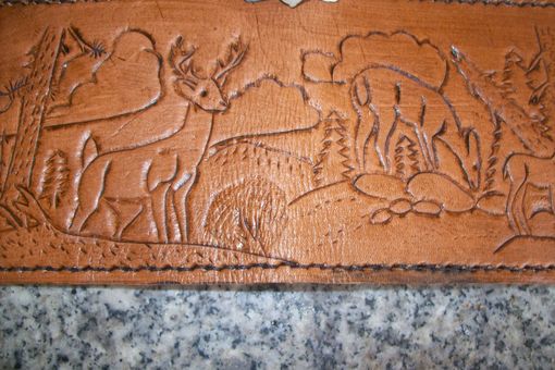 Custom Made Custom Leather Checkbook Cover With Deer And Landscape Design