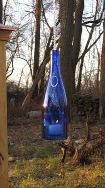Custom Made Wine Bottle Chain Lantern: Garden Light/Candle Holder - Blue
