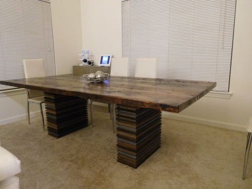 Custom Made Reclaimed Softwood Dining Table With Alternating Wood Banded Legs
