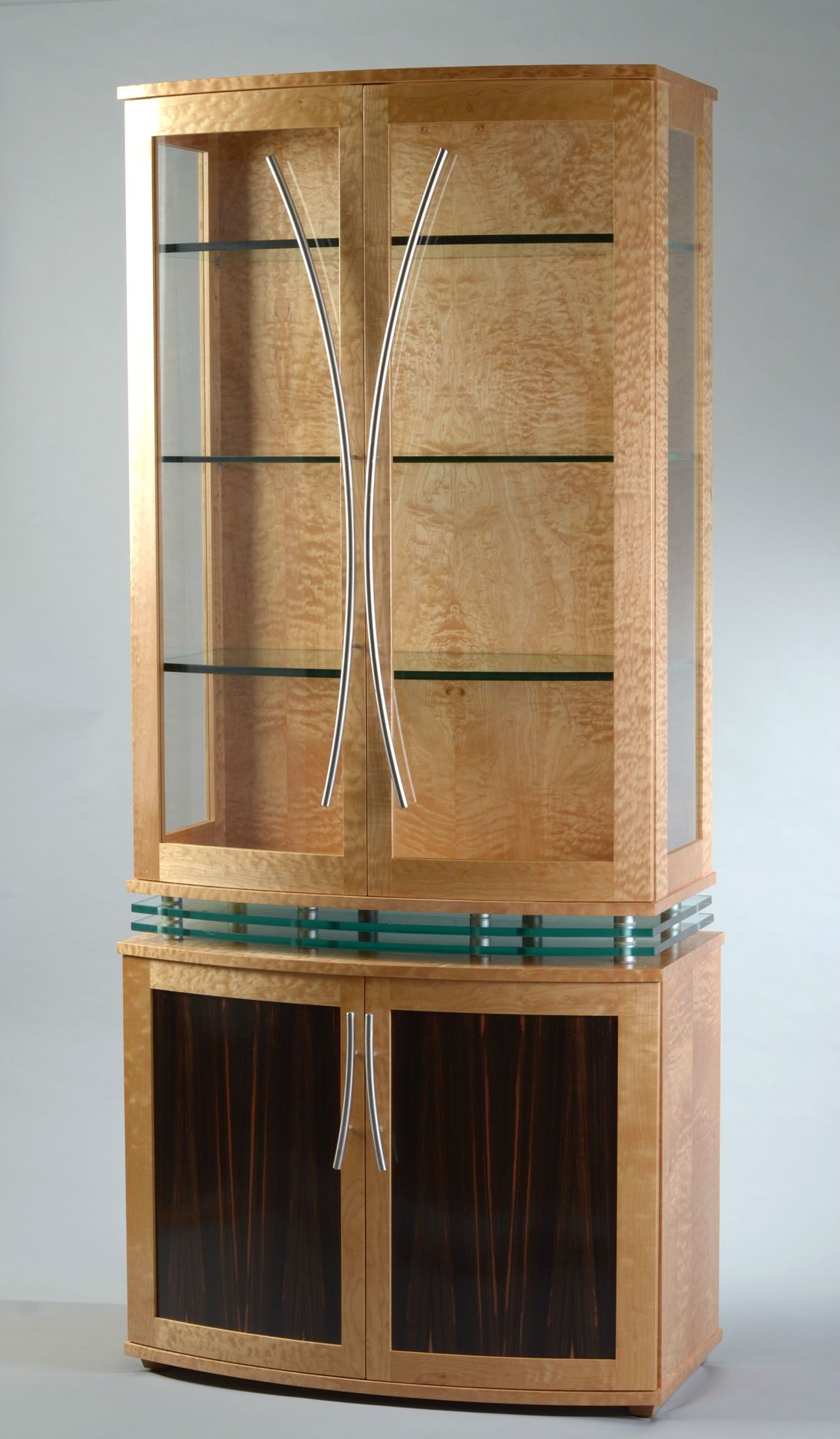 Custom Made China Cabinet Art Deco Style, Modern Display Cabinet, Quilted Maple, Curved Front by 