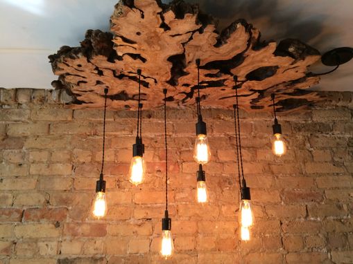 Custom Made Extra Large Live-Edge Olive Wood Chandelier. Rustic And Industrial Light Fixture