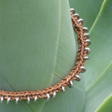 Custom Made Bracelet / Anklet / Men's Bracelet:  Braided Brown Leather Cord With Silver  Beads