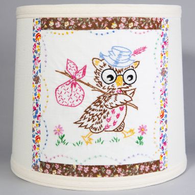 Custom Made Adorable Vintage Embroidered Owl Fabric On New Lamp Shade