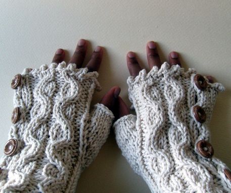 Custom Made Elegant Cabled Button Down Mitts - Cool Cotton / Fingerless Gloves / Longer Length