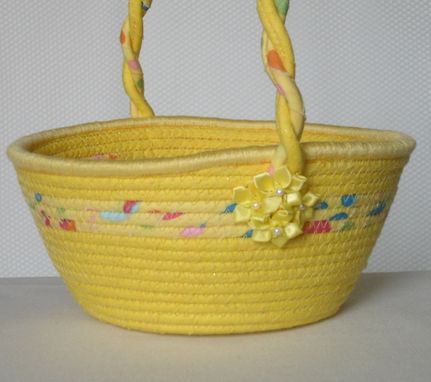 Custom Made Cloth Basket W/Handle - Coiled - Wrapped Clothesline - Small Round - Yellow