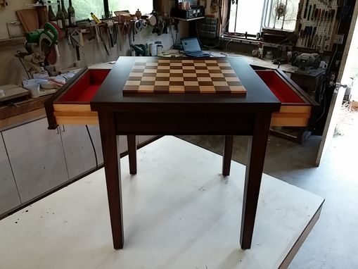Custom Made Custom Exotic Wood Chess Table With Drawers