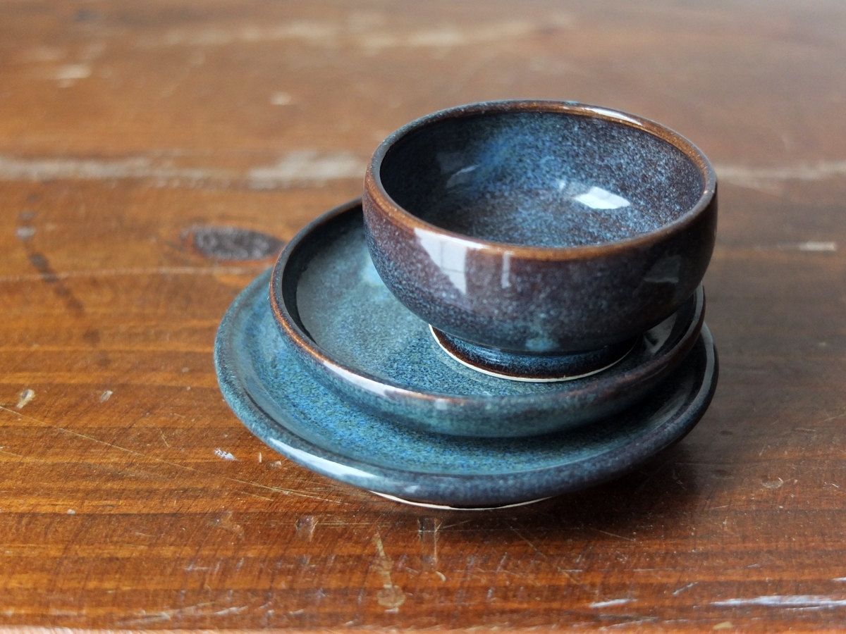 Custom 3 Prep Condiment Sauce Bowl And Plates Denim Blue Wheel Thrown