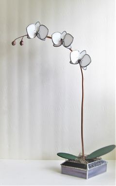 Custom Made White Orchid In Stained Glass With Swarovski Crystals
