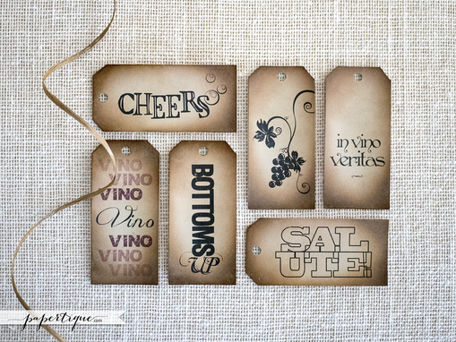 Custom Made Wine Bottle Tags - Hand Inked, Rustic Wedding Favor Tags - Vintage Wine Tags Pre-Strung With Raffia