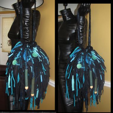 Custom Made Round Fringe Handbag,Black And Turquoise,Bling,Beads,Jewels,Crochet,Knit,Hippie,Boho,Funky,Purse