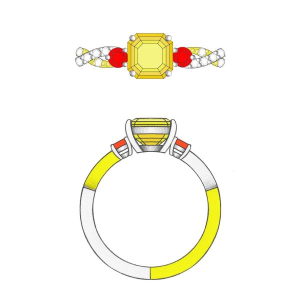 An Asscher cut citrine is set with ruby and diamond accents on a yellow and white gold twisted band.