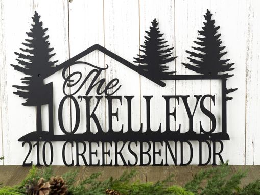 Custom Made Family Name And Address Metal Sign, Cabin, Pine Trees