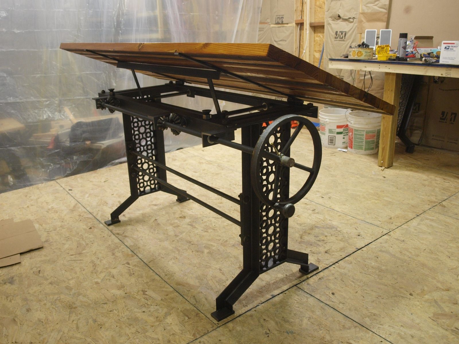 Hand Crafted Industrial Drafting Desk With Reclaimed Wood Top by