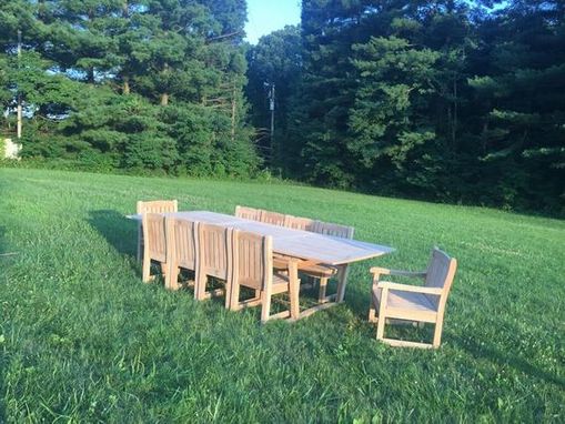 Custom Made Oak Outdoor Slat Table With 8 Standard Chairs And 2 Captains Chairs