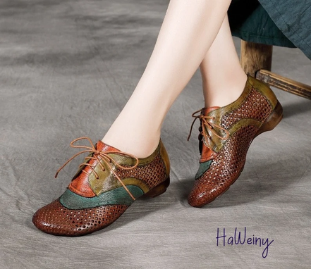Custom Made Flats Women Shoes, Mixed Colors Lace-Up Genuine Leather Shoes