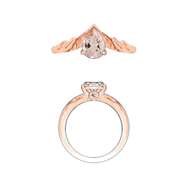 Sketch of a pear shaped morganite held by a band made of white gold mountains.