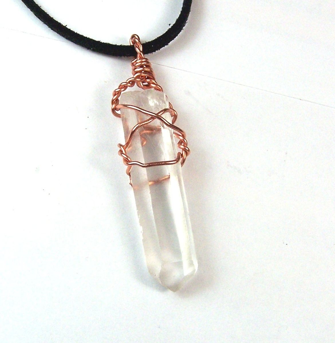 Hand Made Quartz Crystal Copper Wire Wrap Necklace Pendant On Black