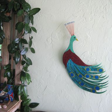 Custom Made Peacock Art Sculpture Large Upcycled Metal Bird Wall Decor Peacock Blue Teal Green