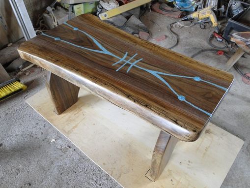 Custom Made Black Walnut Slab Bench With Free Hand Turquoise Carving And Inlay "Spirit Chaser/Protection"