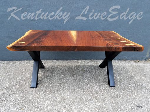 Custom Made Modern Live Edge Walnut Coffee Table- Natural Dark Wood- Black Steel Legs- X Style Bases
