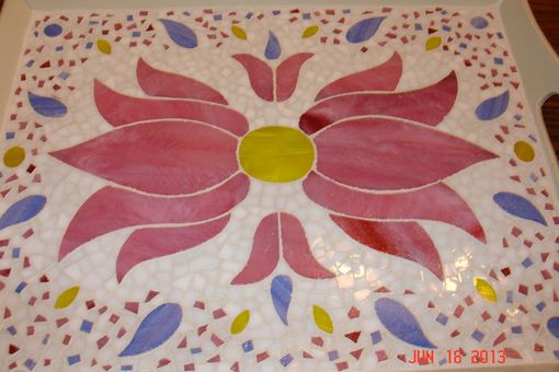 Custom Made Mosaic Stained Glass Serving Tray With Pink Flower