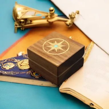 Custom Made Inlaid Compass Of Anigre And Turquoise With Free Engraving And Shipping. Rb-17