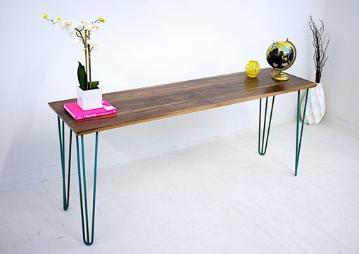 Custom Made Walnut Console Table, Teal Hairpin Legs, Mid Century Modern Console Or Sofa Table