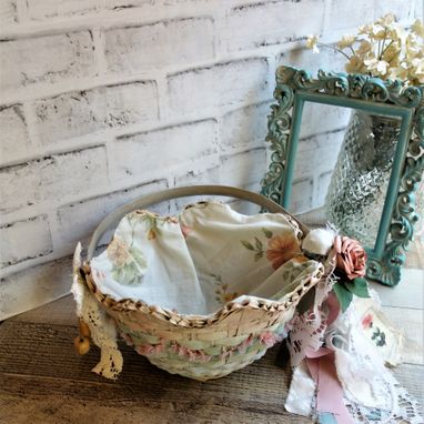 Custom Made Pink And Green Shabby Chic Decor Rose Basket