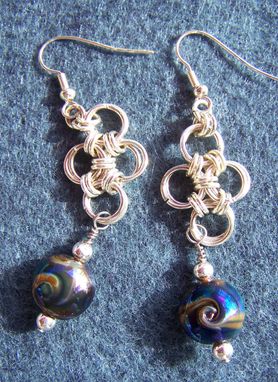 Custom Made Handmade Lentil Lampwork Beads With Sterling Silver Chainmaille Earrings In Blues And Golds