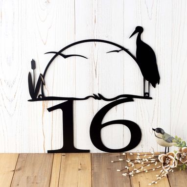 Custom Made Outdoor House Number Metal Sign With Heron And Cattails, Custom Sign, Address Sign, Outdoor Sign