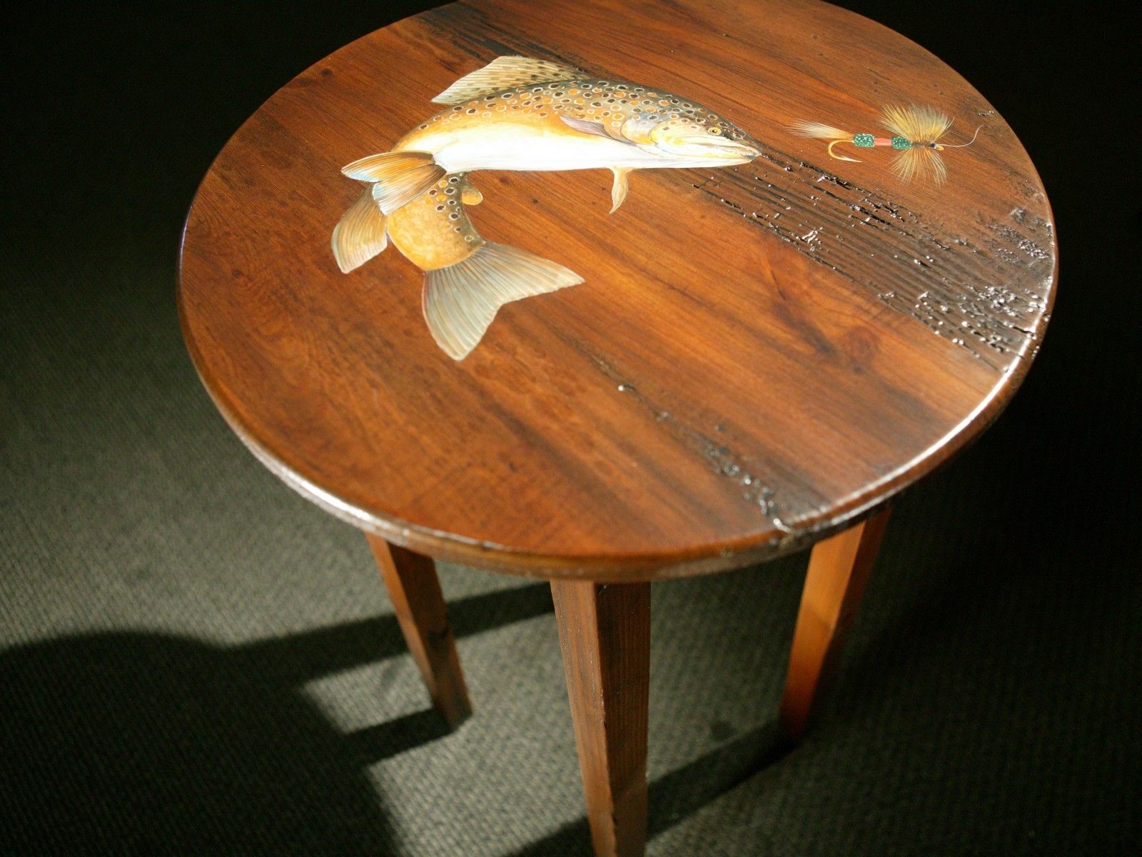 Handmade Round End Table With Fish In Action By Ecustomfinishes Handmade Round End Table With Fish In Action By Ecustomfinishes Reclaimed Wood Furniture Custommade Com
