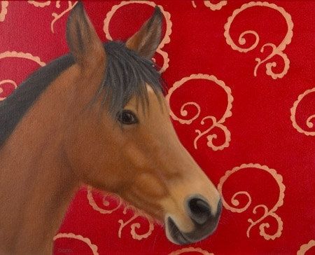 Custom Made Horse Art Card - Bay Arab On Bright Red With Copper Scroll Background - Horse Art Print Postcard
