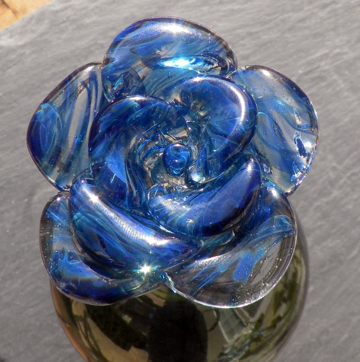 Hand Crafted Hand-Blown Glass Rose Bottle Stopper In Blue Swirls by ...