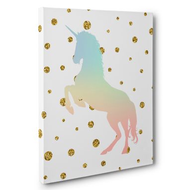 Custom Made Pastel Unicorn And Gold Polka Dots Nursery Canvas Wall Art