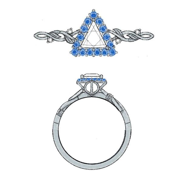 Pave-set sapphires surround a trillion cut diamond in this deathly hallows inspired engagement ring with a vining band.