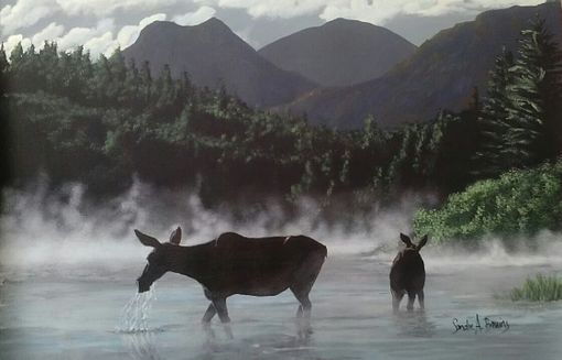 Custom Made " Hidden Pond "  Moose And Calf Painting