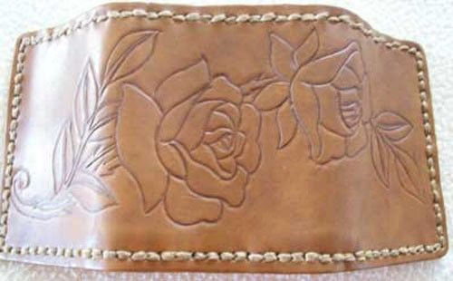 Custom Made Custom Leather Deluxe Trifold Wallet With Rose Design In Saddle Stain