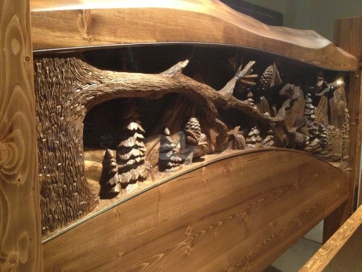 Custom Made King Size Headboard & Footboard, Waterfall & Pine Forest