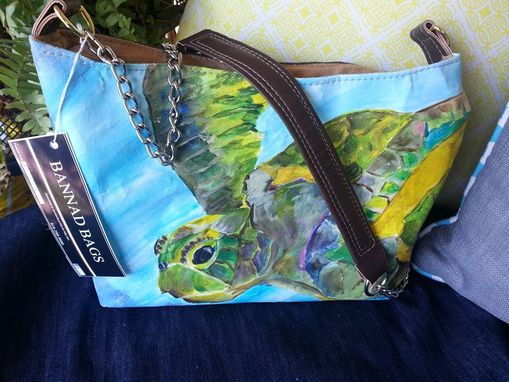 Custom Made Sea Turtle Handbag, Tote, Fine Art , Leather Body, Handbag Featuring Original Acrylic Painting