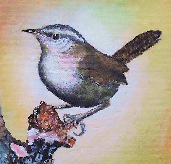 Buy Handmade Bird Painting; Wildlife Painting; A Bewick's Wren, Acrylic On Canvas Art For Sale