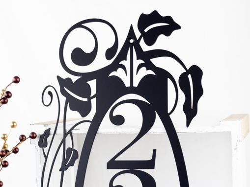 Custom Made Vertical Metal House Number Sign, Vines, 4 Digit - Matte Black Shown