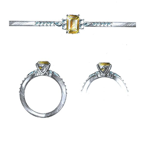 Yellow sapphire with emerald cut shines bright on top of a white gold band for this engagement ring.