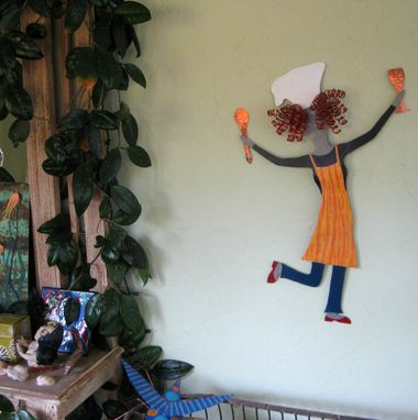 Custom Made Lady Chef Recycled Metal Kitchen Wall Art Sculpture Hand Painted Red Yellow