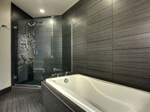 Custom Made Etched Glass Shower Door With 'Panther' 3d Laser Design