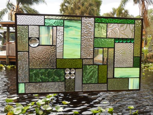 Custom Made Stained Glass Patchwork Quilt Window Panel, Geometric Stained Glass Transom Window, Shades Of Green
